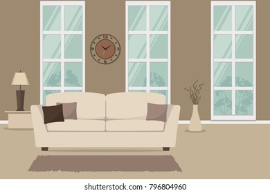 Living room with a white sofa and brown pillows. There is also a table with lamp and vase with branches on a window background in the image. There is a clock on the wall here. Vector illustration