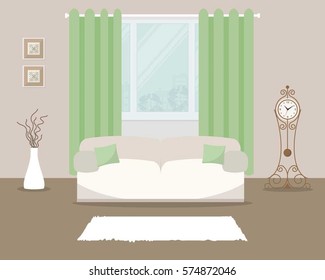 Living room with white sofa and green curtain. There is also a grandfather clock and vase in the picture. Vector flat illustration.