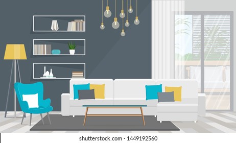 Living room with white sofa and turquoise armchair.