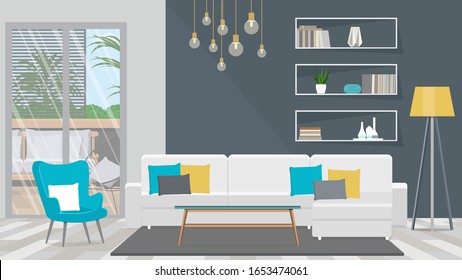 Living Room With White Sofa And Turquoise Armchair.