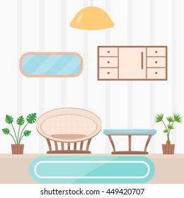 living room with wicker sofa, table,locker, plants, lamp, mirror, carpet, vector illustration in flat style