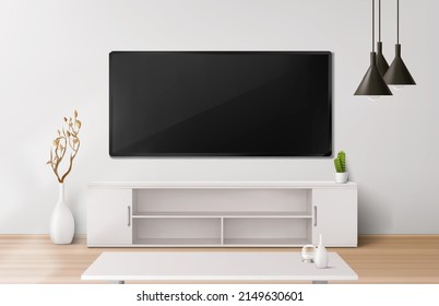 Sala de estar con pantalla de tv lcd ancha, soporte y mesa. Ilustración vectorial realista del interior de la casa moderna con televisión de plasma plana colgada en la pared, mobiliario blanco, plantas y lámparas negras