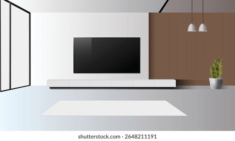 Living room with wide lcd tv screen, vector 3d illustration