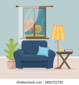 Living room with window with autumn view, comfortable blue armchair, pillow, plant in the pot, lamp, table, cup, book. Vector illustration in flat style