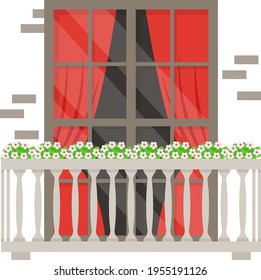 Living Room Window with Red Curtains Concept Vector color Icon Design, balcony and window front view symbol, House exterior design ideas with vintage and classic balconies facade stock illustration