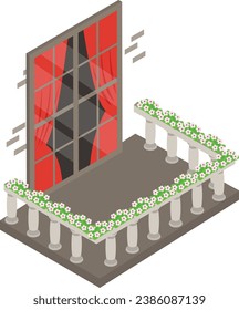 Living Room Window with Red Curtains isometric Concept Vector Icon Design, balcony and window front view symbol, House exterior idea with vintage and classic balconies facade stock illustration