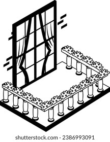 Living Room Window with Red Curtains isometric Concept Vector Icon Design, balcony and window front view symbol, House exterior idea with vintage and classic balconies facade stock illustration