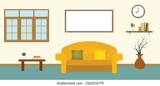 Living room with window, sofa, pillows, empty picture frame, wall clock, table, cactus, bookshelf, books and a vase with dry twigs. Flat style. Interior design vector illustration.