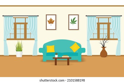 Living room with windows, curtains, sofa, pillows, picture frame, table, cactus, books and a vase with dry twigs. Flat style. Interior design vector illustration.