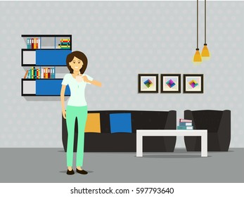 Living room with woman with coffee with display. illustration flat