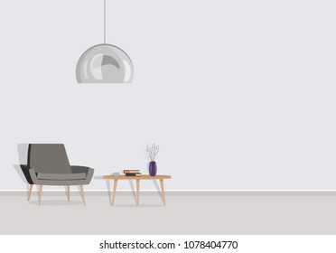 A living room with a wooden coffee table, a lamp and a gray armchair. Vector flat illustration.