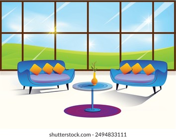 Living Room, Wooden Furniture, Blue Sky  with clouds Vector