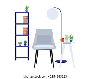 Living room workplace for freelance home office with beautiful furniture set modern chair bookshelf floor lamp