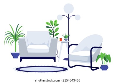 Living room workplace for freelance home office with beautiful furniture set modern armchair sofa bookshelf floor lamp mat isolated