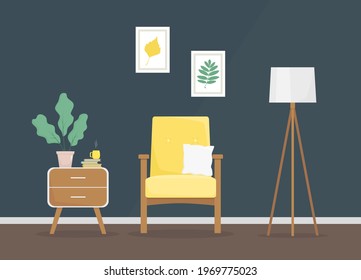 Living room with yellow armchair, chest and house plant. Cozy home interior. Flat vector illustration