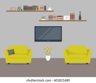 Living room with yellow armchairs and home cinema. There are also shelves with books and vase with flowers in the picture. Vector flat illustration.