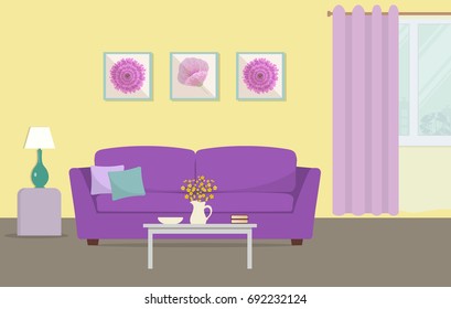 Living room in a yellow and purple colors. There is a sofa with pillows, a table with flowers, a lamp and other objects in the image. There are also pictures in frames on the wall. Vector illustration