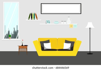 Living room with yellow sofa furniture. Illustration of living room in flat form