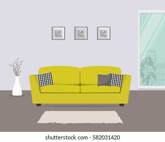 Living room with yellow sofa and gray pillows. There is also a big window, pictures and a vase in the picture. Vector flat illustration.