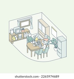 A living room-kitchen inside a house. A family enjoying a meal.