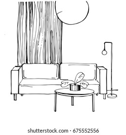 Living room-sketch drawing. Vector Living room interior.