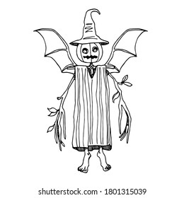 living scarecrow with pumpkin head & bat wings, logo or emblem for Halloween holiday, vector illustration with black ink contour lines isolated on a white background in a hand drawn & doodle style