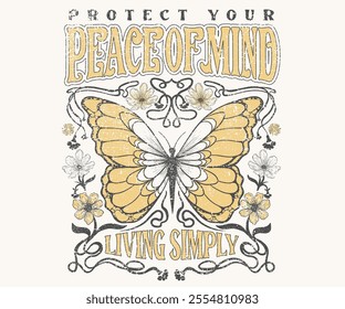 Living simply. Free spirit. Protect your peace of mind. Fly your inner butterfly. Butterfly with flower artwork for t shirt print, poster, background and other uses. Spring flower. Self love club. 