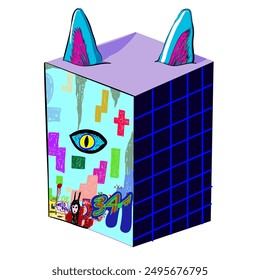 living skyscraper with cat ears and graffiti. Object for poster sticker design