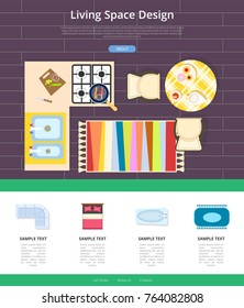 Living space design web page, representing sample of kitchen decor, icons of cooker and table, sinks and chairs, bathtub and bed vector illustration