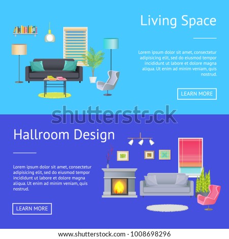 Living space and hallroom design, webpages with button read more and sample text, collection with decorated rooms isolated on vector illustration