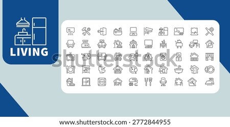 Living Space Line Icon Set, Home Interior Lifestyle Furniture Kitchen Household Outline Icons Collection
