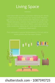 Living space, room decor, vector illustration isolated on green backdrop, text sample, rectangular window with shade, sofa and table, plants