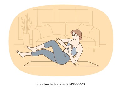 Living sports lifestyle at hole concept. Young smiling woman doing workout making abs exercise fitness on mat at home vector illustration 