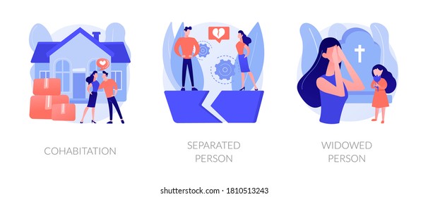 Living together abstract concept vector illustration set. Cohabitation, separated person, widowed person, common law relationship, divided couple, loss of partner, support group abstract metaphor.