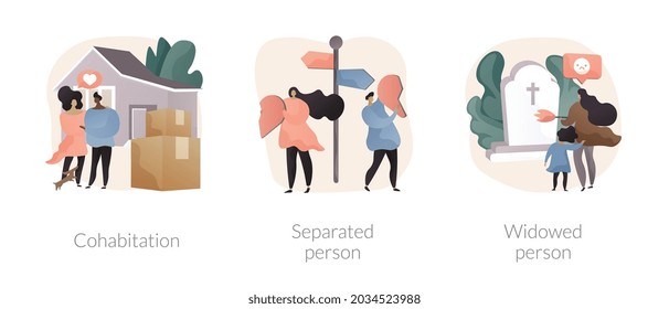 Living together abstract concept vector illustration set. Cohabitation, separated person, widowed person, common law relationship, divided couple, loss of partner, support group abstract metaphor.