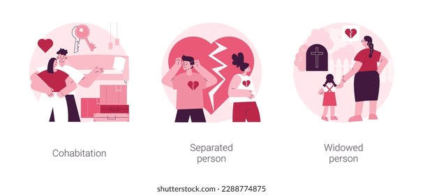 Conjunto de ilustraciones vectoriales conceptuales abstractas. Cohabitación, persona separada, viuda, relación de derecho común, pareja dividida, pérdida de pareja, metáfora abstracta de grupo de apoyo.