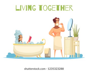 Living together concept with taking a bath symbols flat vector illustration