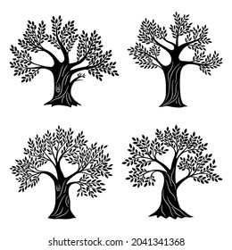 Living trees silhouettes. Minimalistic genealogical tree set with foliage, life education and health symbols for company logo, oak or olive painting wood graphics vector illustration