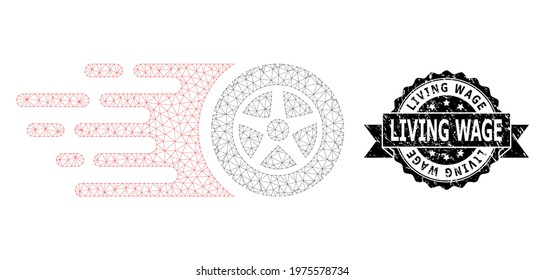 Living Wage rubber seal imitation and vector tire wheel mesh structure. Black stamp seal contains Living Wage caption inside ribbon and rosette. Abstract flat mesh tire wheel, created from flat mesh.