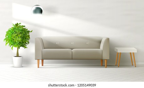 Pared Interior De Salón Limpio Con Sofá Gris, Lámpara, Mesa Y Planta. Vector EPS10