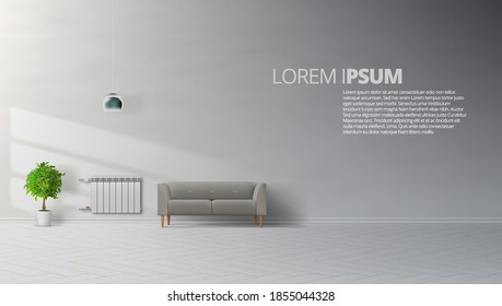 Livingroom Interior Clean Wall With Grey Sofa, Lamp, Plant And Heating Radiator Template. EPS10 Vector