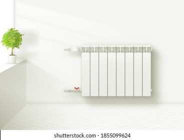 Livingroom Interior Clean Wall With Grey Sofa, Lamp, Plant And Heating Radiator Template. EPS10 Vector