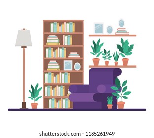 livingroom with library scene