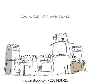 Liwa Oasis fort sketch, Abu Dhabi, UAE Line art