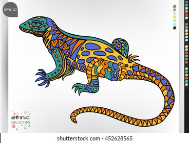 Lizard. Animal patterns with hand-drawn doodle waves and lines. Vector illustration in bright colors.