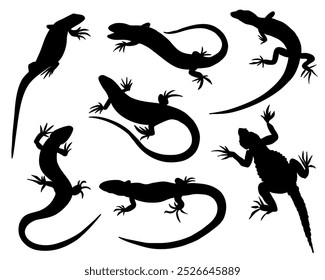 Conjunto de siluetas de animales lagarto, diseño negro de Vector de Grande paquete de reptiles, fondo blanco aislado