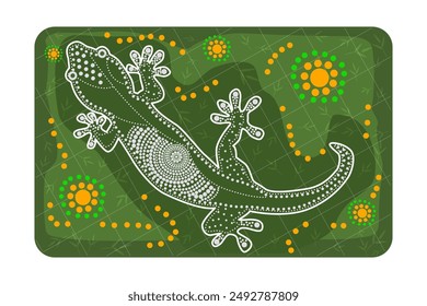 Lizard in australian aboriginal style on green background.Australia indigenous Aboriginal lizard or salamander dots painting art style.Silhouette of decorative ethnic gecko.Aboriginal tribal art craft