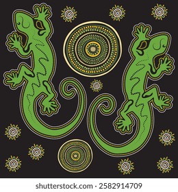 Lizard in Australian aboriginal style on green background. Australia indigenous Aboriginal lizard or salamander dots painting art style. Silhouette of decorative ethnic gecko. 