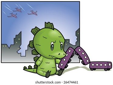 Lizard boy terrorizing a train - wrecked cityscape and planes in the background - vector illustration