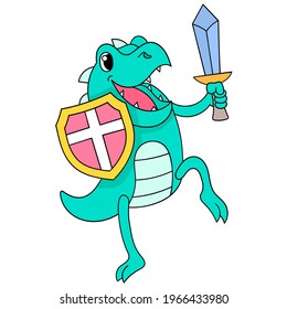 the lizard is carrying a shield and sword for battle, vector illustration art. doodle icon image kawaii.